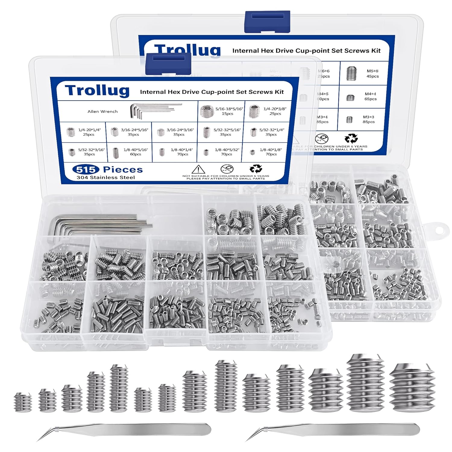 1305PCS Metric + SAE Set Screw Assortment Kit, Internal Hex Drive Headless Set Screw Assortment Kit with 10 Hex Wrenches, M3 to M8 and 1/8-40 to 5/16-18 (304 Stainless Steel)