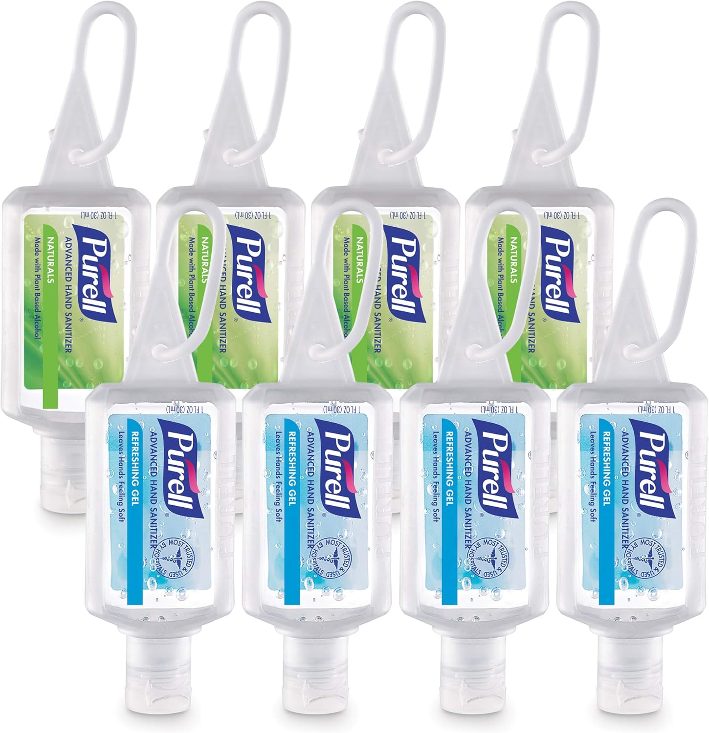Purell Advanced Hand Sanitizer Variety Pack, Naturals and Refreshing Gel, 1 Fl Oz Travel Size Flip-Cap Bottle with Jelly Wrap Carrier (Pack of 8) - 3900-09-ECSC