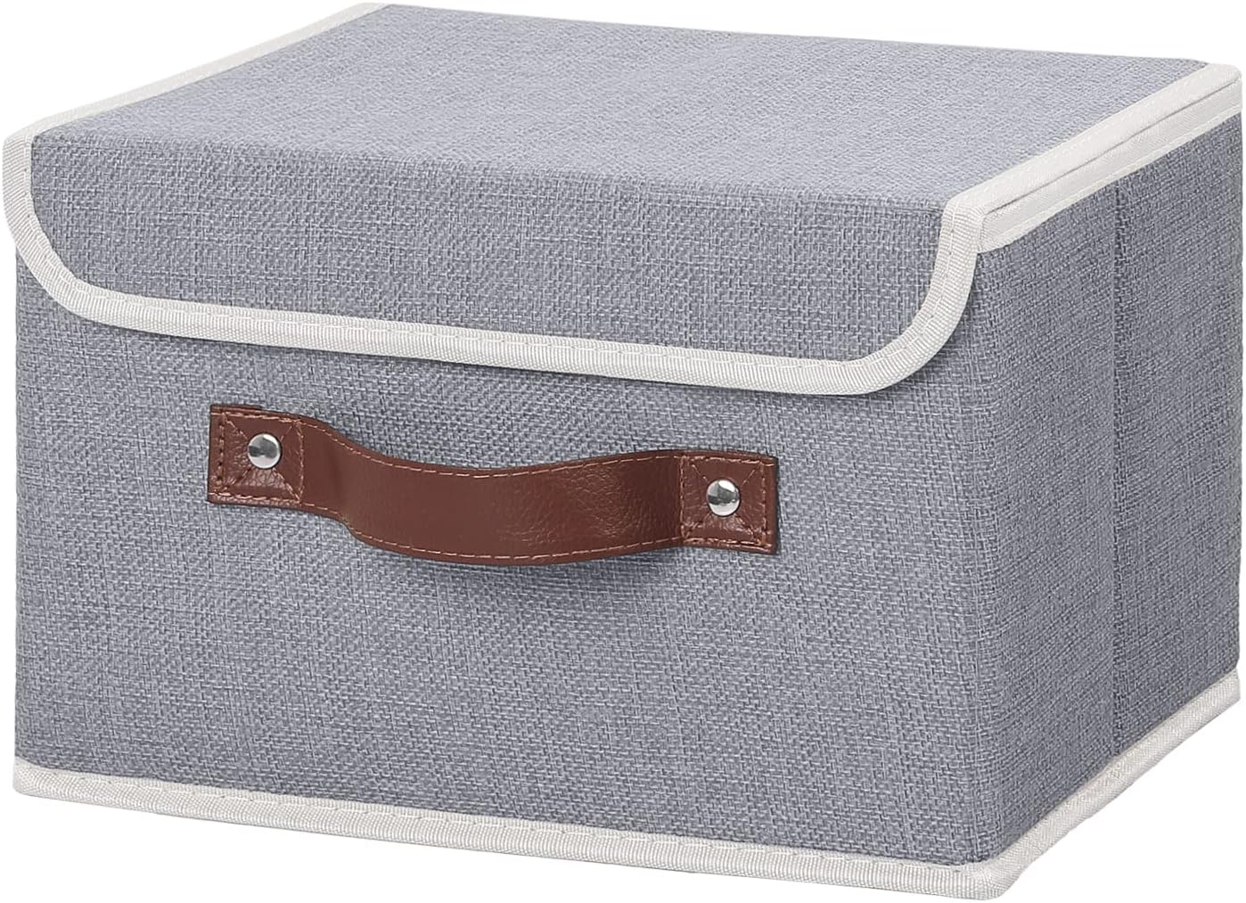 ANMINY Storage Bin with Lid Storage Boxes with PU Leather Handles PP Plastic Board Decorative Foldable Lidded Cotton Linen Fabric Home Cubes Baskets Closet Organizer Container - Gray, Small Size