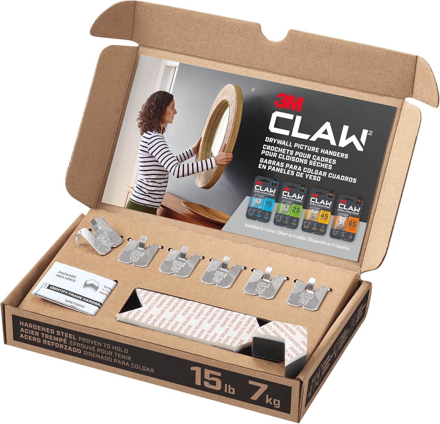 3M CLAW(TM) 15 lb. Drywall Picture Hanger With Spot Marker, Heavyweight Hanging Solution for Room Decor and Office Space Decor, Including Mirrors or Large Art – 6 Pack