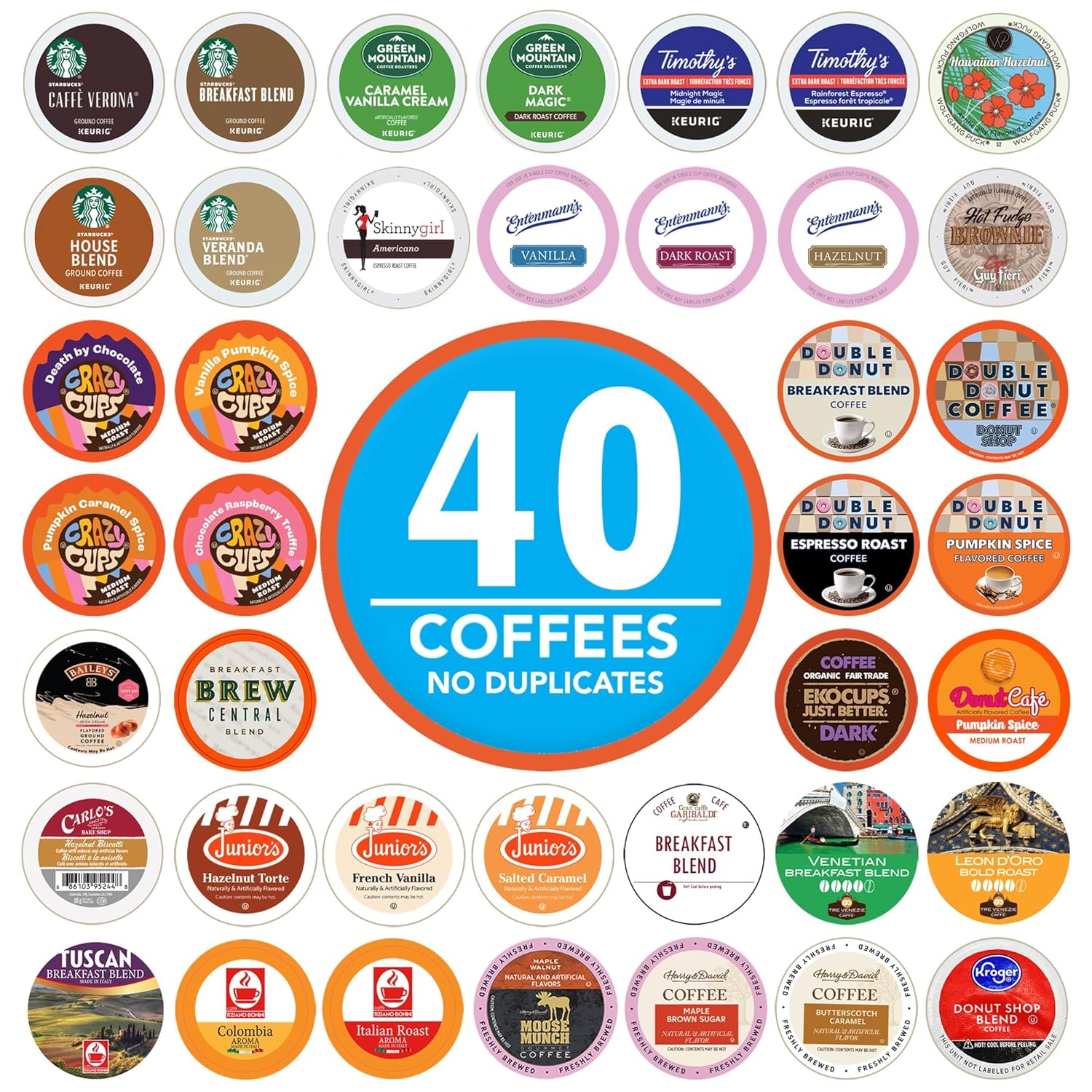 Coffee Pods Variety Pack Sampler from Top Brands, Assorted Single Serve for Keurig K Cups Coffee Makers, 40 Unique Cups