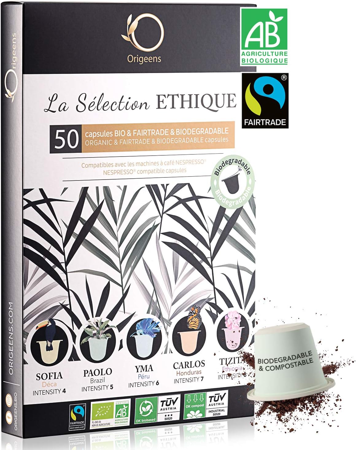 ORIGEENS Coffee Capsules Compatible with Nespresso | Arabic Organic Fairtrade Biodegradable Pods| Premium Set with 50 Coffee Pods | Hand Roasted