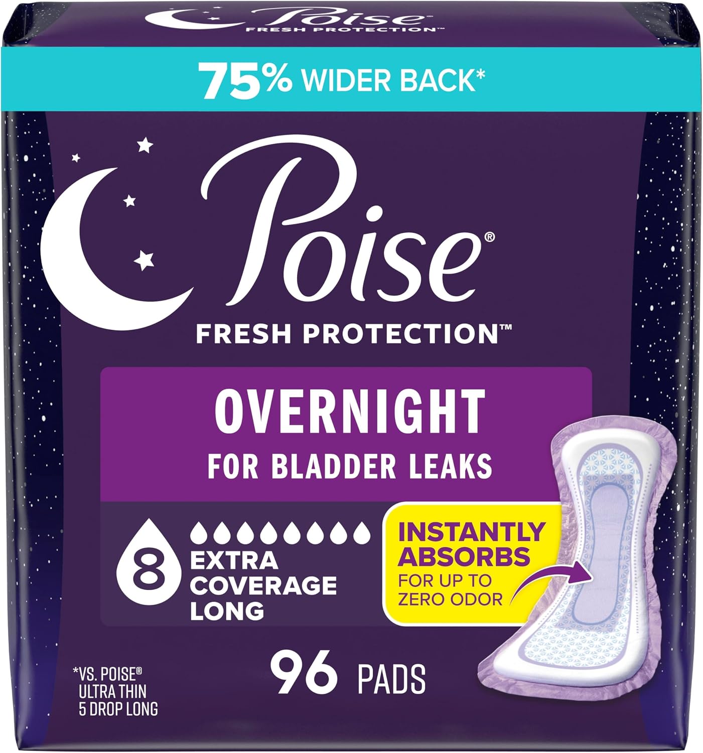 Poise Overnight Incontinence Pads for Women, 8 Drop, 96 ct