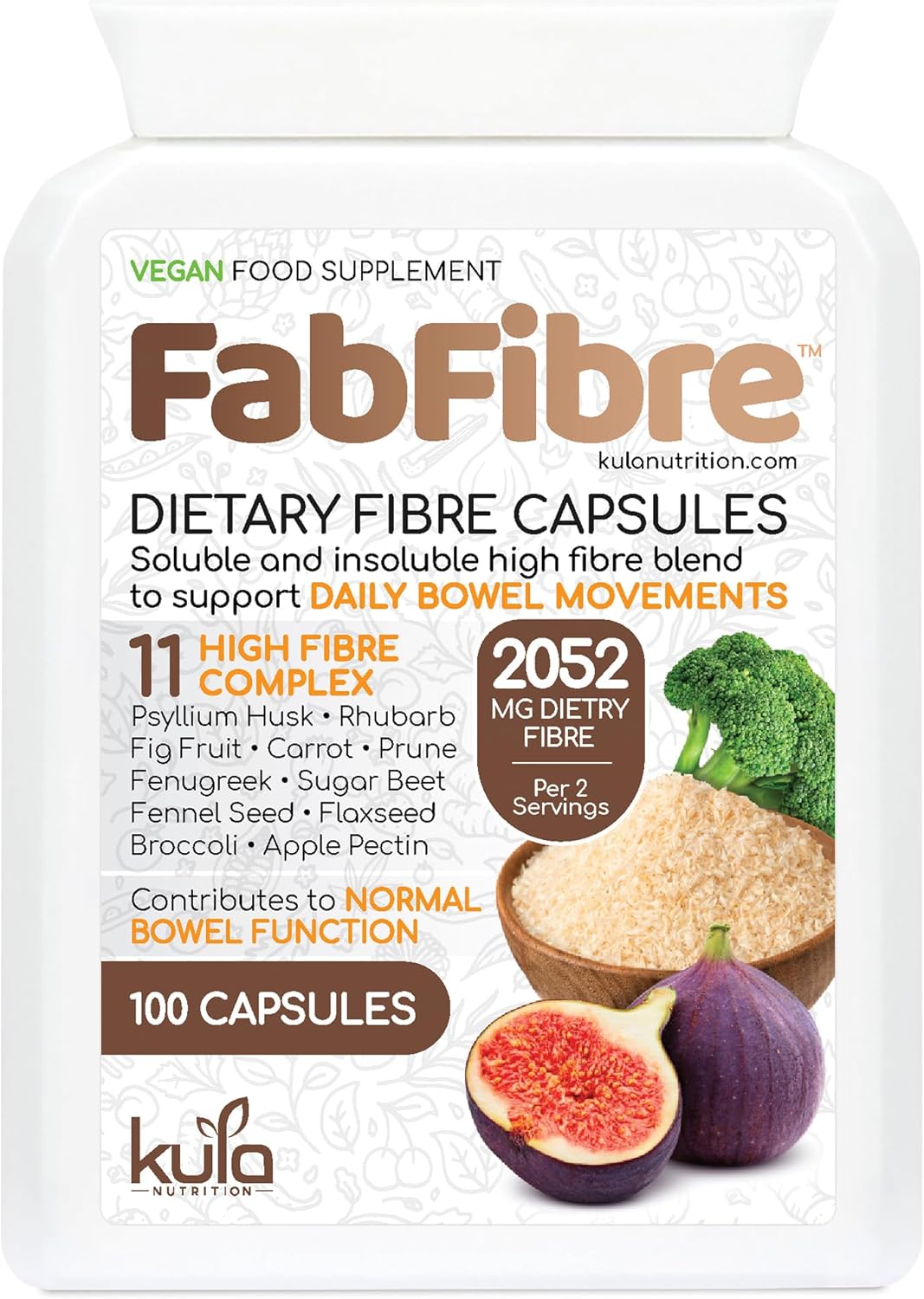 FabFibre – Dietary Fibre Complex (1026mg Fibre per Serving) – Insoluble and Soluble Fiber Supplement – Psyllium Husk Powder, Flaxseed - Supports Daily Bowel Movements - 100 Vegan High Fibre Capsules