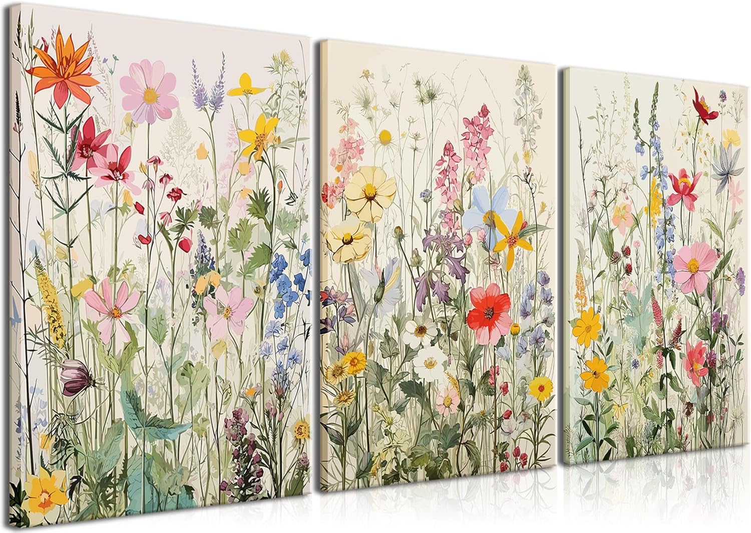 KISSFOX Framed Colorful Wildflower Canvas Wall Art Set Of 3 Flowers Pictures Prints Flowers Printing Floral Watercolors Flower wall Decor Living Room Girls Bedroom Bathroom