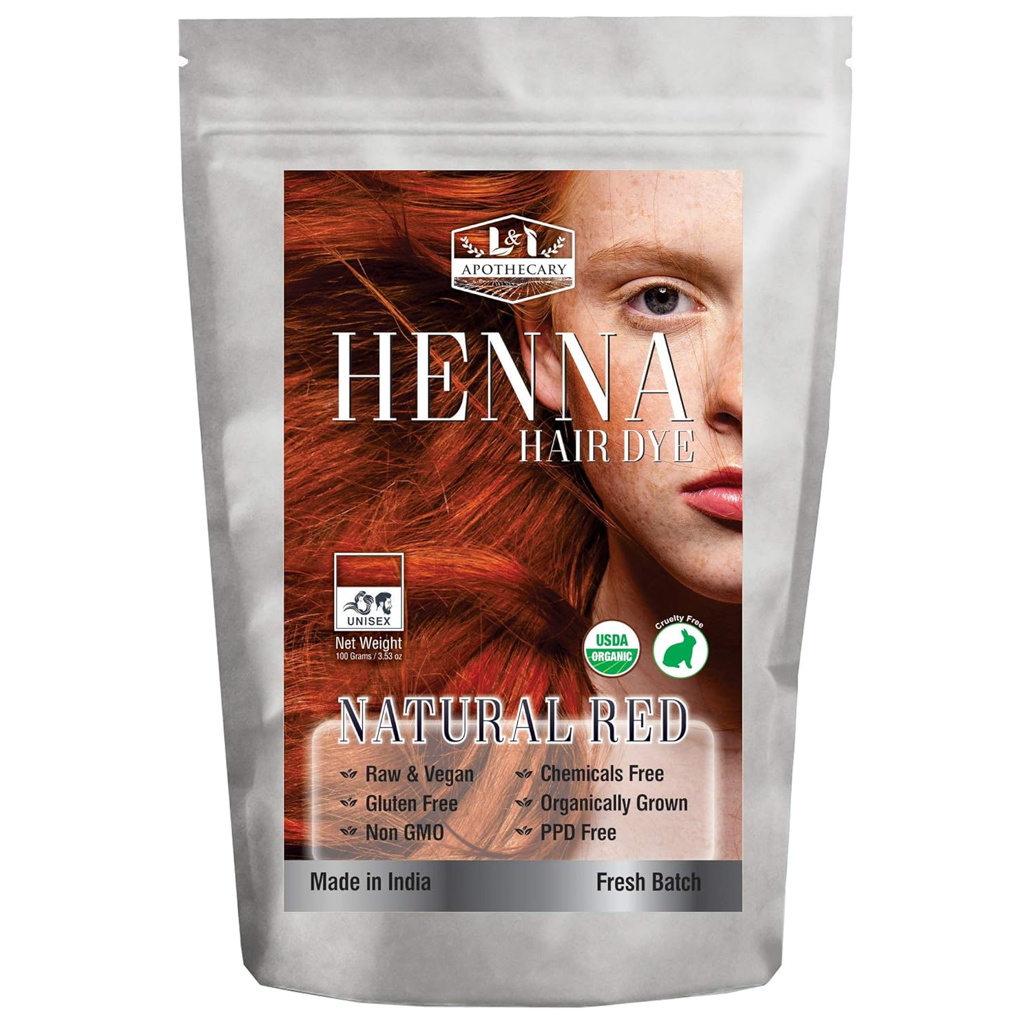 L&I Apothecary Organic Natural RED Henna Hair Dye - USDA Certified Organic, All Natural Plant-based, Gluten Free, Cruelty Free Hair Color for Natural Hair Conditioning