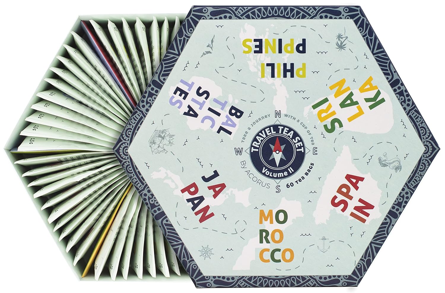 ACORUS | Travel Tea Set Vol. II | Tea Gift Set of 6 Flavors of Different Destination | Discover the World With a Cup of Tea | Assorted Tea Variety Pack | Large Tea Sampler Box | 60 Tea Bags