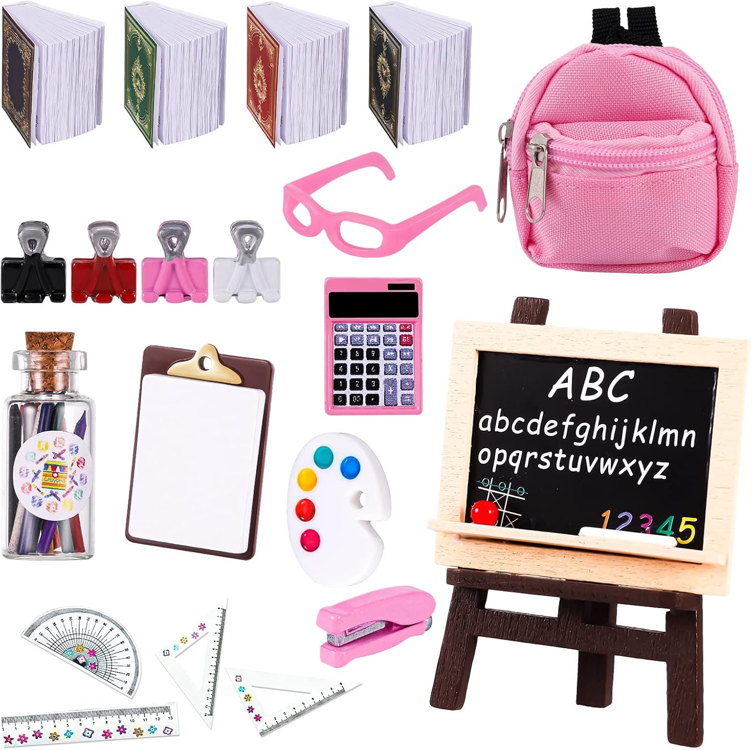 Xinzistar 16pcs Doll School Supplies 1:12 Scale Doll Accessories Mini Dollhouse Accessories Include 11 Kind of Miniature School Supplies For Girls Gift