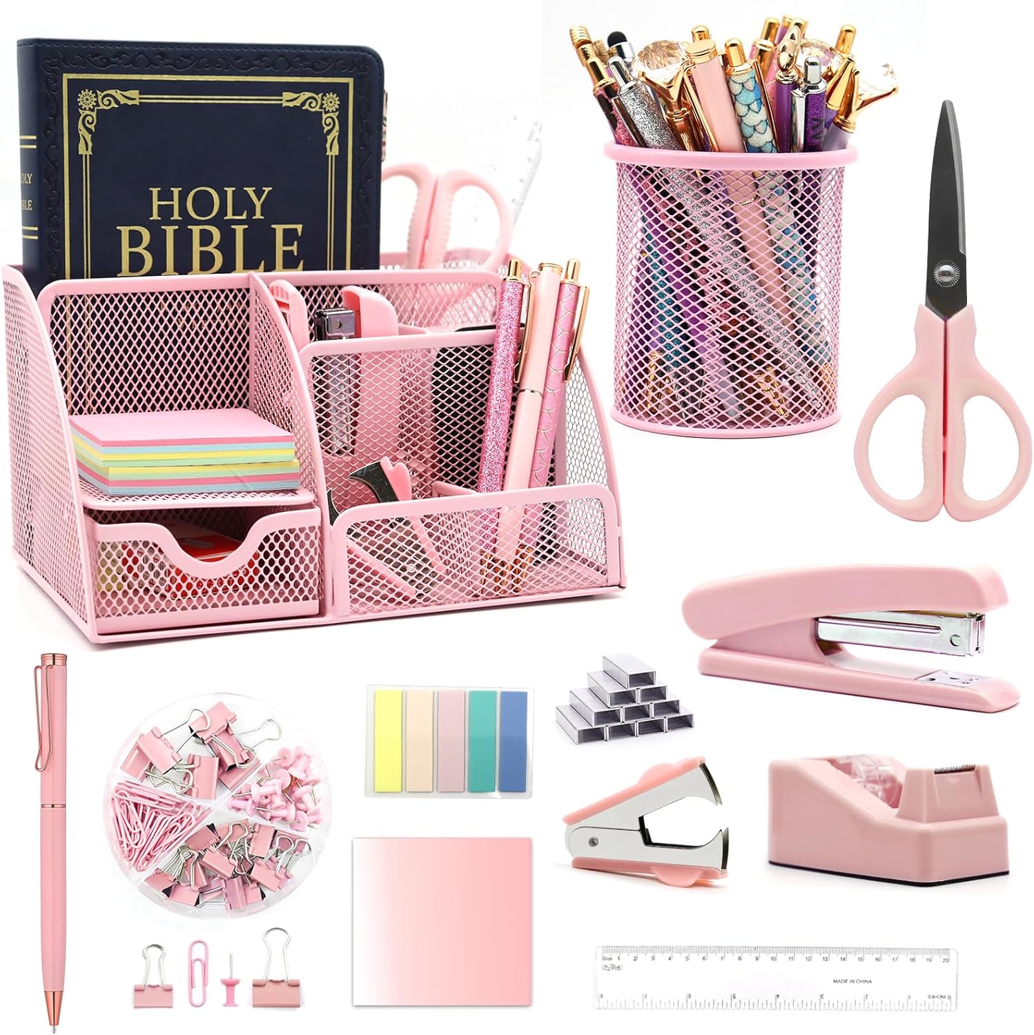 12 in 1 Pink Desk Organizers and Accessories Set Pink Office Supplies Include pink Stapler Pen Holder Tape Holder Staples Scissors Ruler Staple Remover for Home School Gifts for Coworkers Woman Men