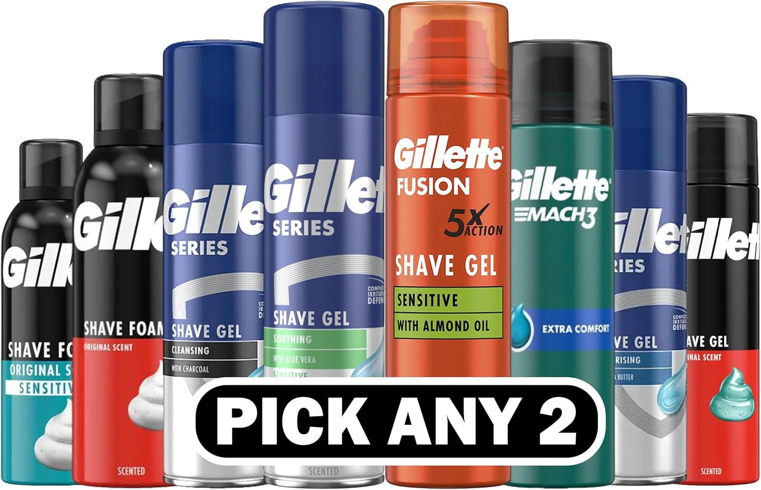 Shaving Gel & Foam Bundle from Gillette – Pick Any 2 – Sensitive, Soothing, Cleansing, or Extra Comfort – Men’s Shaving Essentials – Aloe Vera, Charcoal, Almond Oil – 200ml Cans
