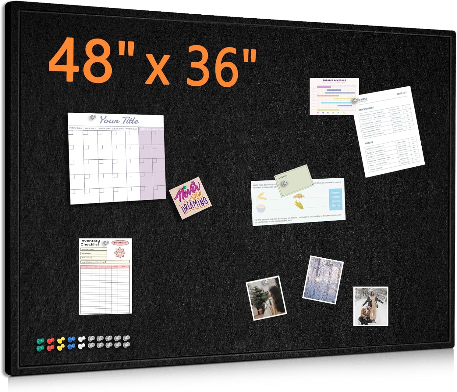 DOLLAR BOSS Large Bulletin Board 48" x 36" Foldable Felt Cork Board, Decorative Pin Board for Wall 4' x 3' Photo Display Board for Office Home School with 20 Pins, Black