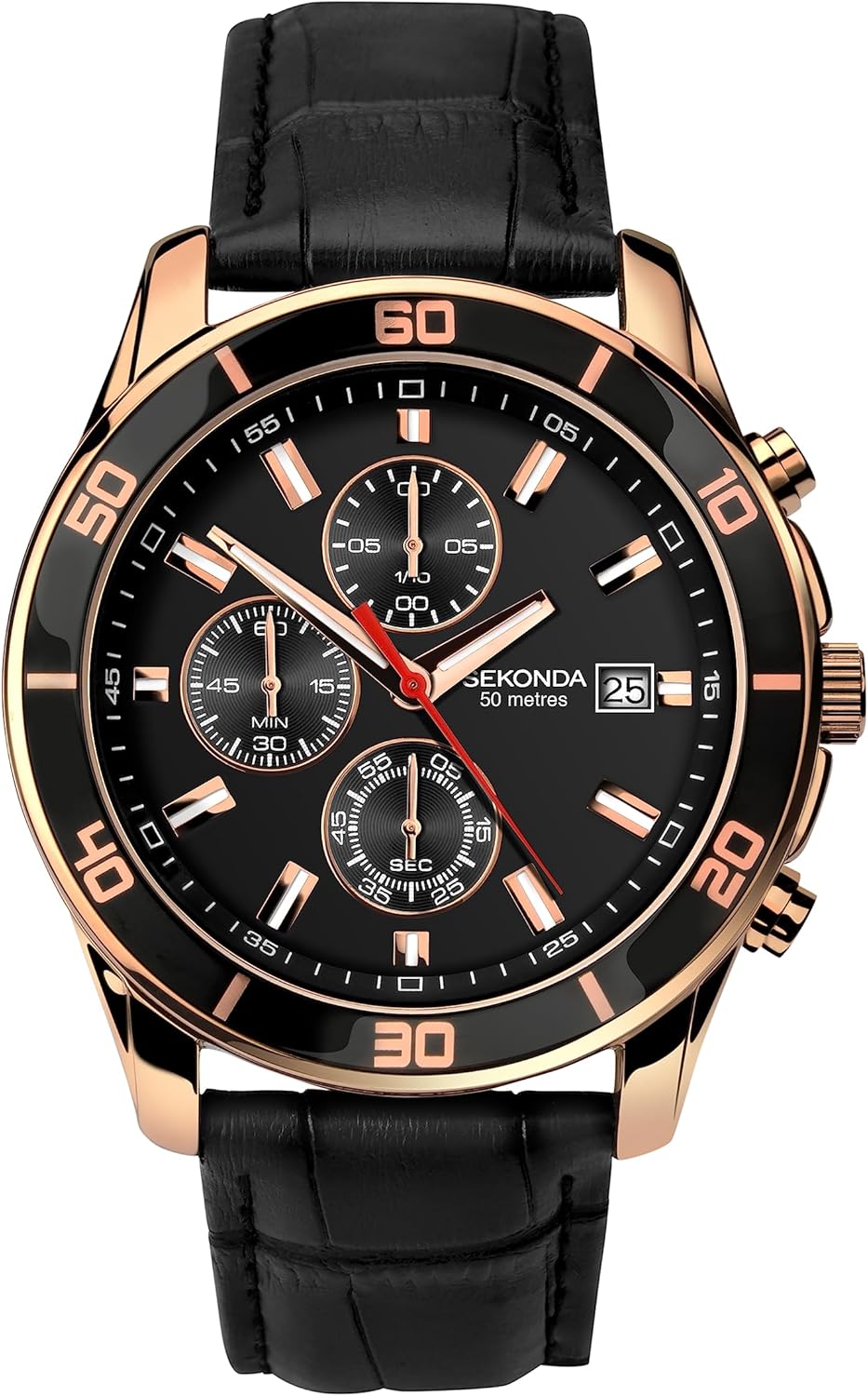 Sekonda Men's Quartz Watch with Black Dial Chronograph Display and Black Leather Strap 1051.27