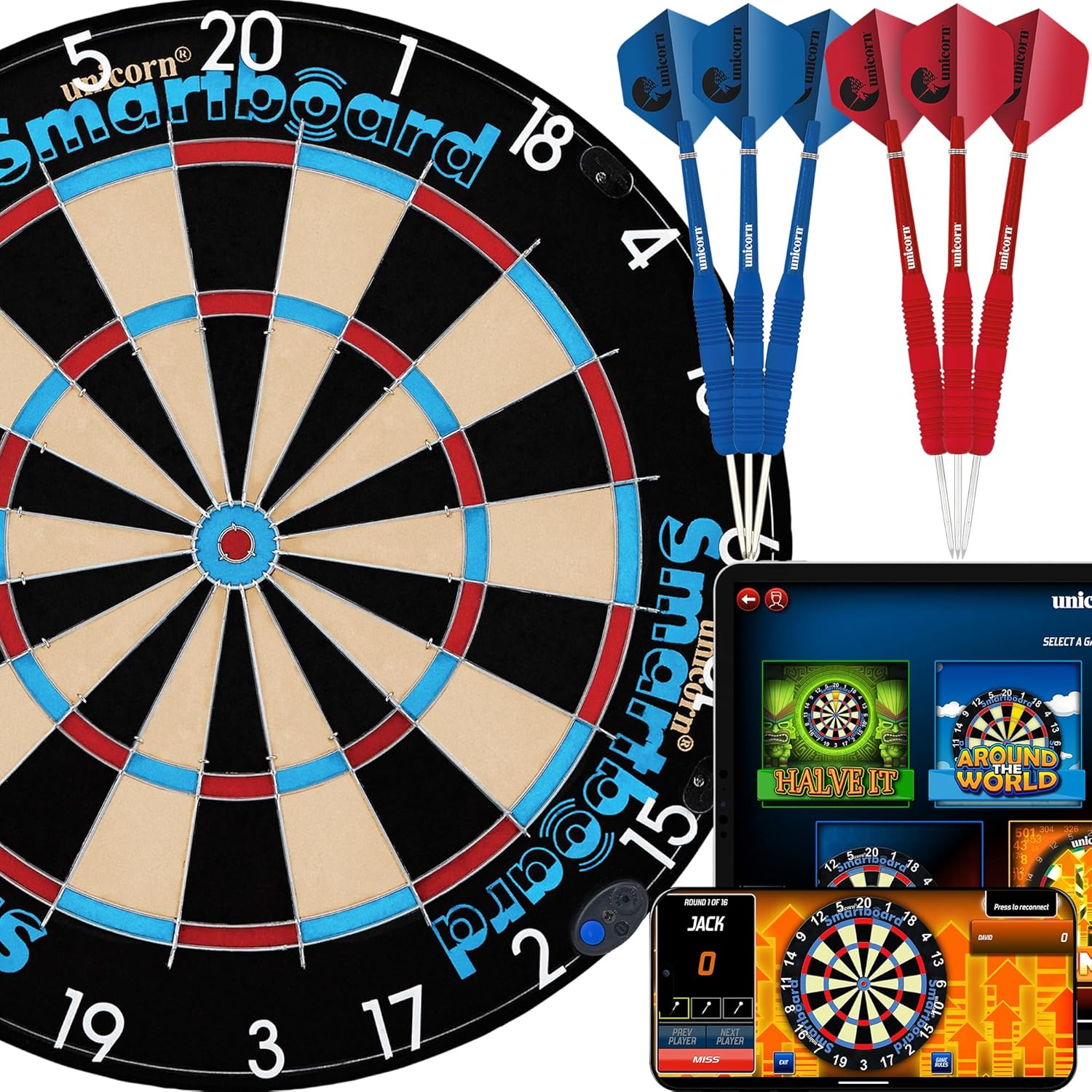 Unicorn Electronic Dartboard | Smartboard | Traditional Sisal Bristle | Connects to Bluetooth Scorebuddy App | includes 6 Steel Tip Darts, Blue/Red/White