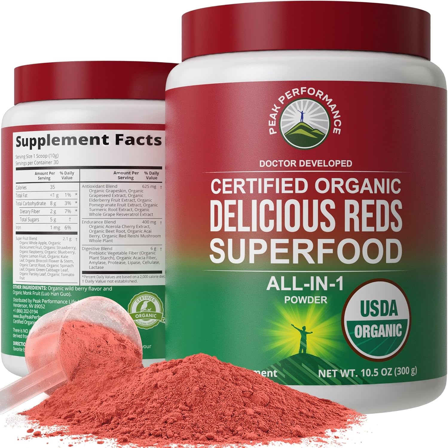 Peak Performance Organic Reds Superfood Powder, Best Tasting Organic Red Juice Super Food w/ 25+ All Natural Ingredients & Polyphenols, Vital for Max Energy and Detox. Raspberry, Elderberry, Beetroot