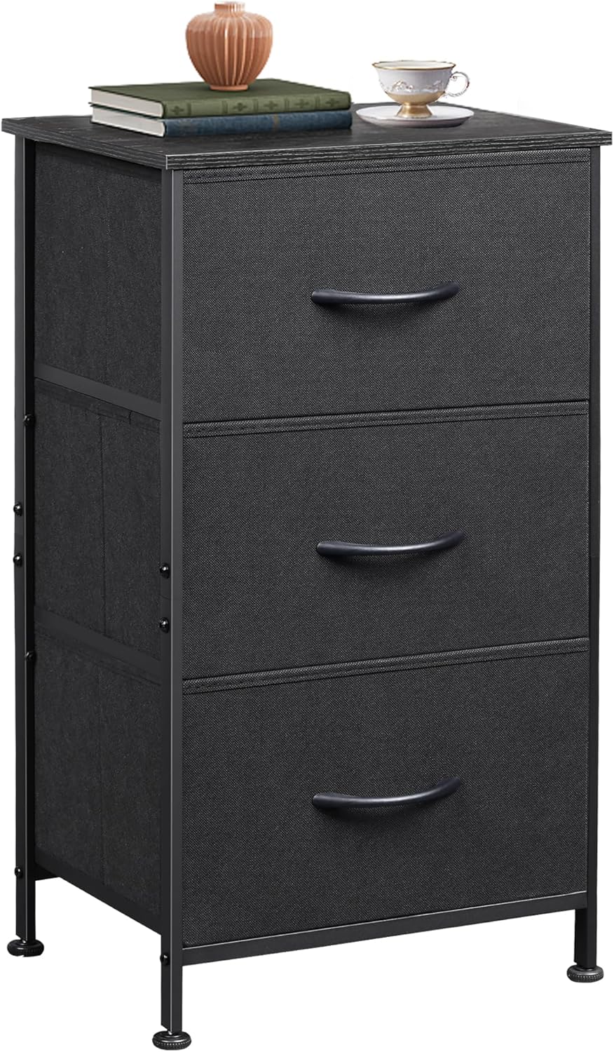WLIVE Dresser with 3 Drawers, Fabric Nightstand, Organizer Unit, Storage Dresser for Bedroom, Hallway, Entryway, Closets, Sturdy Steel Frame, Wood Top, Easy Pull Handle, Charcoal Black