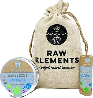 Raw Elements Baby + Kids SPF 30 Organic Sunscreen Zero-Waste Bundle with Lotion Tin 3oz, Lotion Stick 1oz and Hemp Drawstring Bag