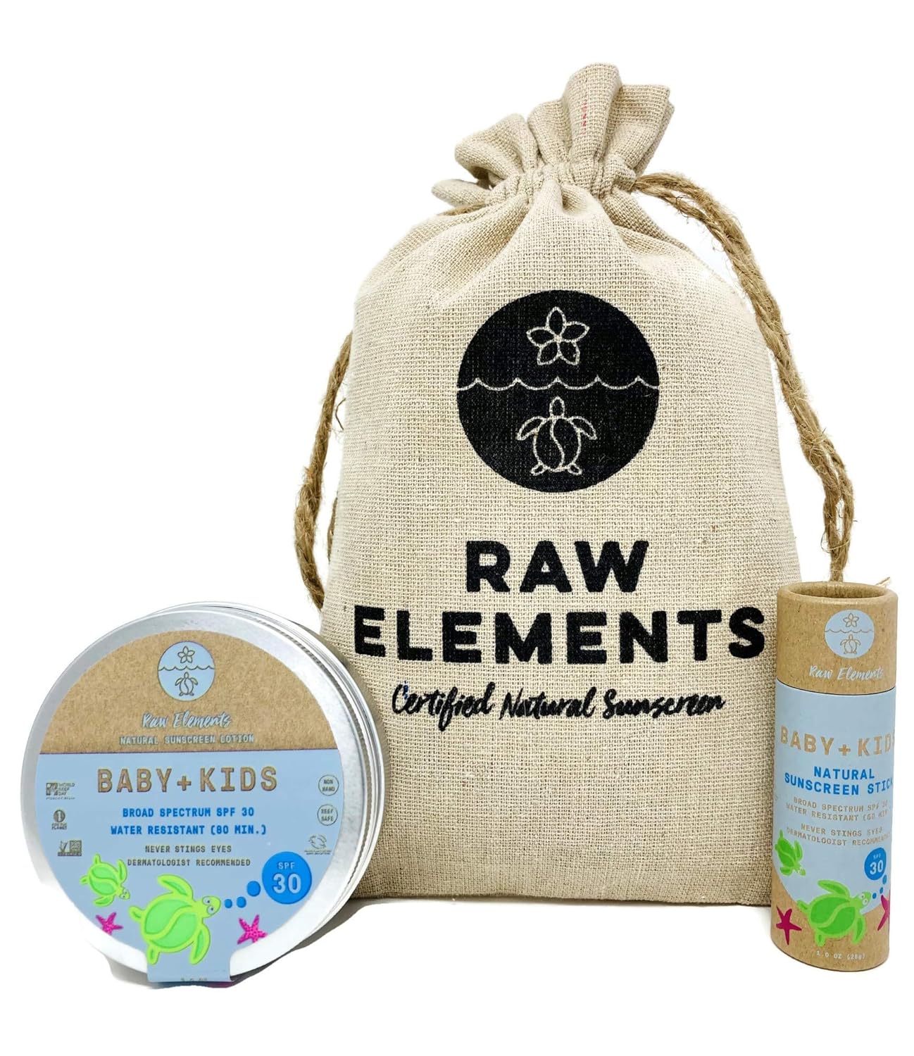 Raw Elements Baby + Kids SPF 30 Organic Sunscreen Zero-Waste Bundle with Lotion Tin 3oz, Lotion Stick 1oz and Hemp Drawstring Bag