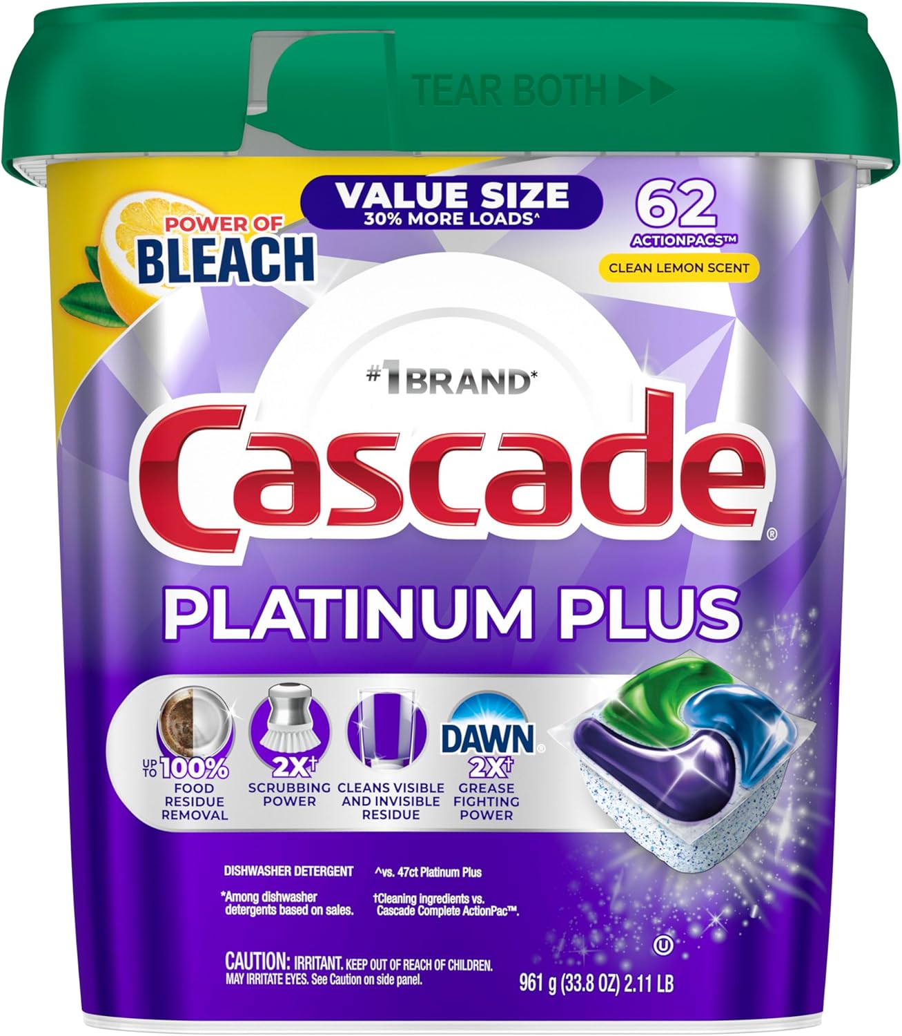 Cascade Platinum Plus Dishwasher Pods, Dish Detergent Soap, Clean Lemon Scent, 62 Count