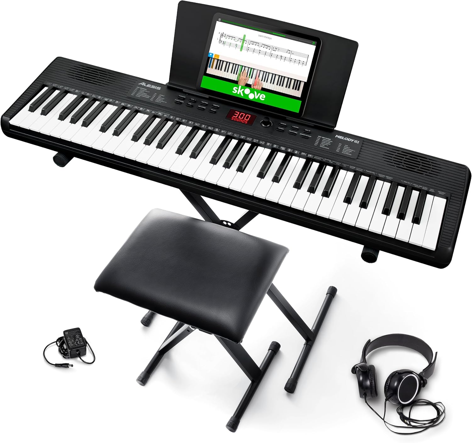 Alesis Melody 61 Keyboard Piano for Beginners with 61 Keys, Speakers, Stand, Bench, Headphones, Tablet/Sheet Music Stand, 300 Sounds and Music Lessons