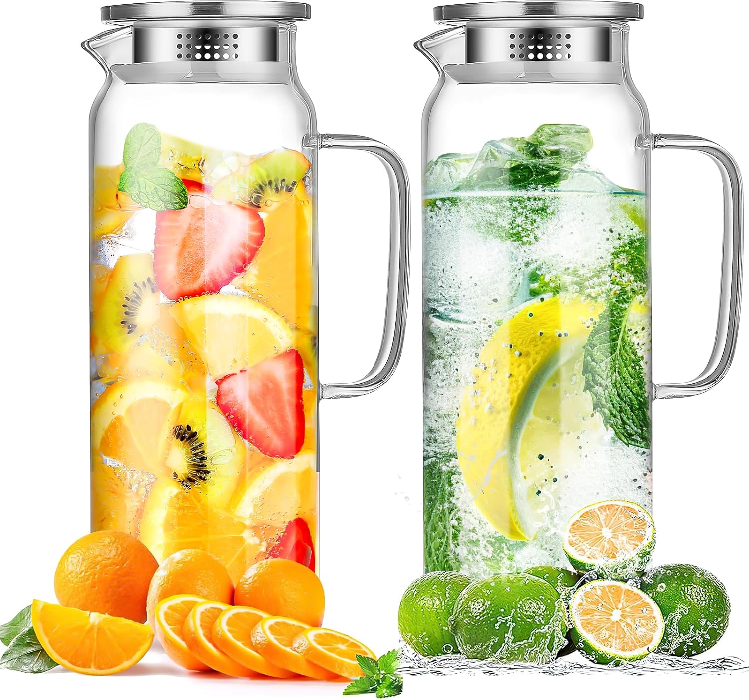 2 Pack Glass Pitchers with Lids, 2L Borosilicate Water Jugs with Handle and Spout, Heat Resistant Clear Beverage Carafes for Iced Tea, Juice, Water, Cold or Hot Drinks, Fridge