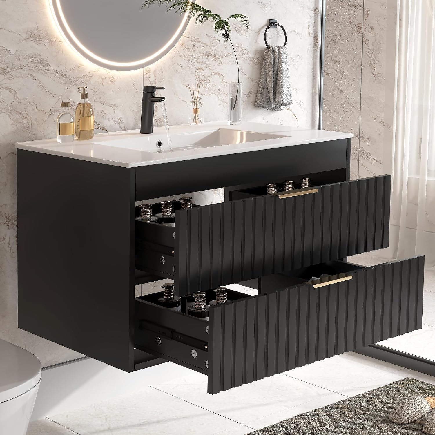 30" Bathroom Vanity with Sink, Floating Bathroom Vanity with 2 Fluted Drawers & Metal Handle, Wall Mounted Cabinets with Integrated Ceramic Sink for Apartment, Home, Black