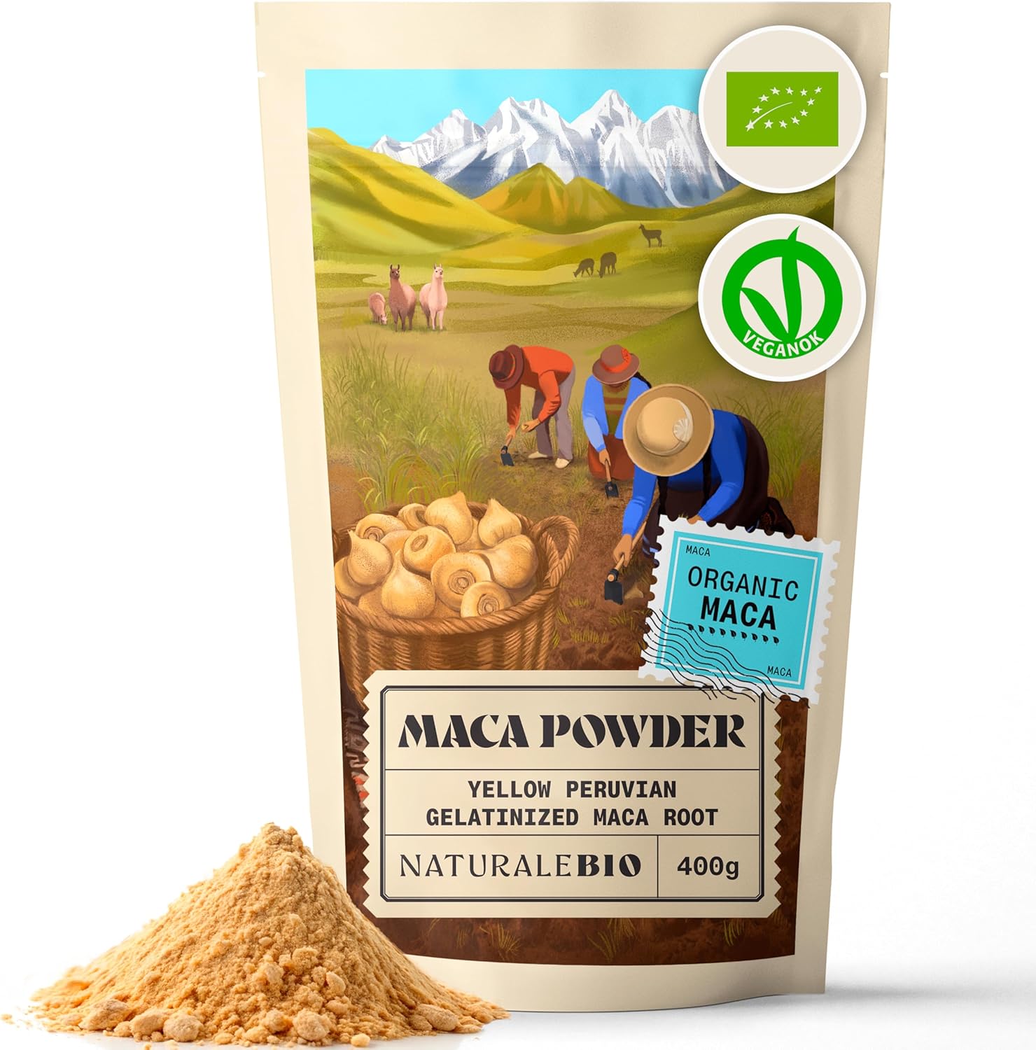 NaturaleBio Organic Maca Powder 400g. Peruvian, Natural and Pure, from Organic Maca Root. Vegetarian and Vegan Friendly - Gelatinised