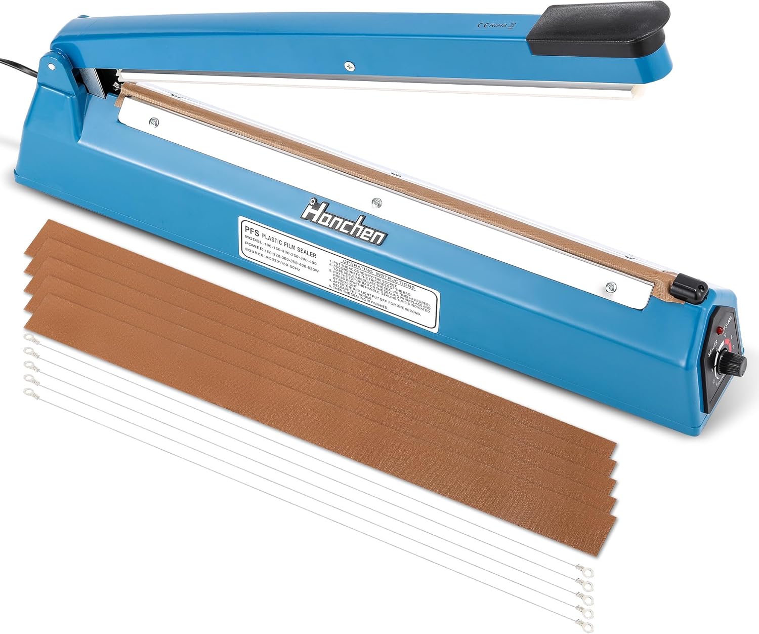 Hanchen Impulse Heat sealer machine 400mm plastic bag sealer manual sealing machine with 5 Spare Heating Wires and Teflon Strips