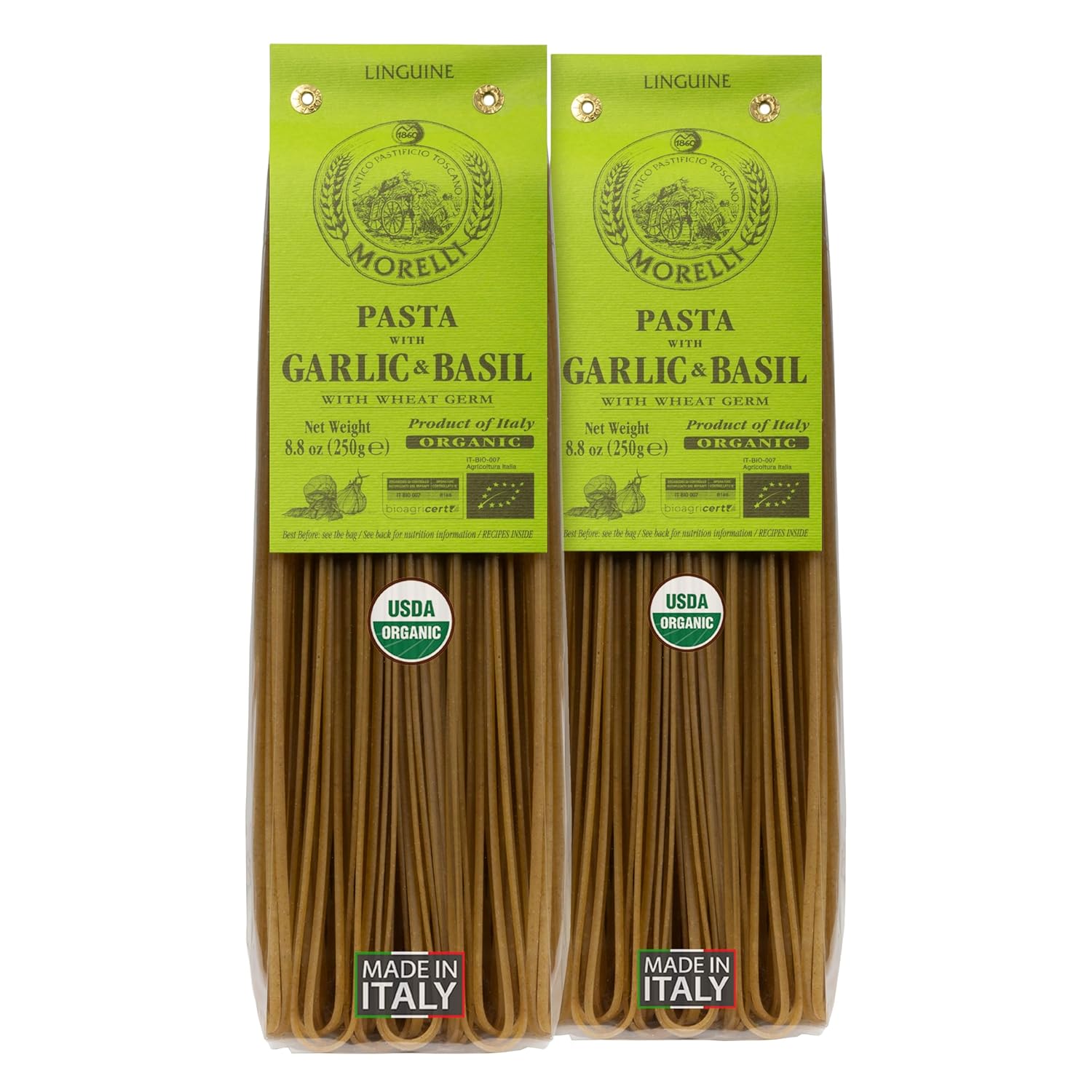 Morelli Italian Pasta Organic Garlic and Basil Linguine - Gourmet Pasta Handmade in Small Batches - Durum Wheat Semolina, Al Dente, Italian Pasta from Italy 8.8oz / 250g - Pack of 2