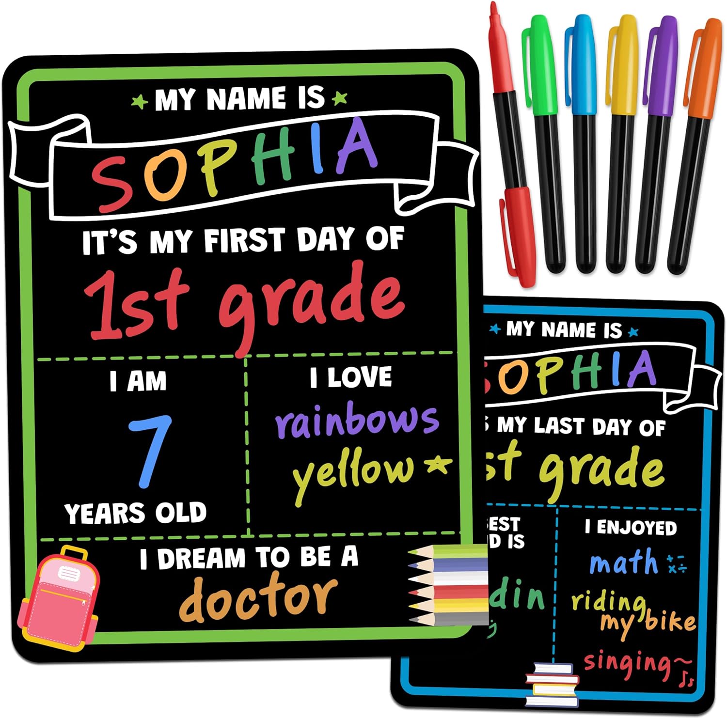 My First Day of School Sign Board with Liquid Chalk Markers - 14”x11” Double-Sided & Reusable - First and Last Day - Back to School Board for Kindergarten, Preschool