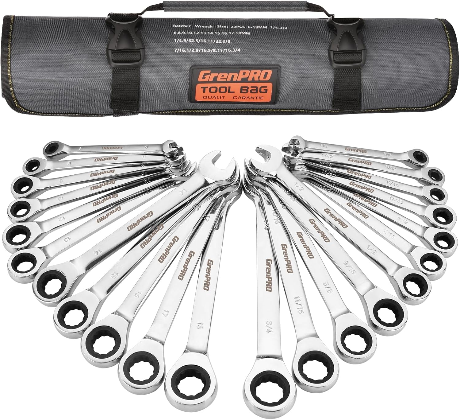 Ratcheting Wrench Set, Combination Wrench Set, 22-Piece SAE & Metric and Standard, 72Th Long Open End, 1/4" to 3/4" & 6-18mm, Organizer With Roll Up Pouch, CR-V Socket Mechanic Hand Tools Sets