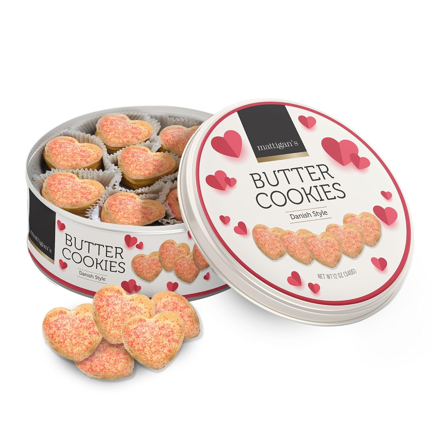 Mattigan's Pink Heart Butter Cookies Danish Style Cookie, 12 Oz Tin, Gourmet Gifts, Holidays, Birthday, Special Occasions, Assorted Cookie Dessert Sweets, Reusable Metal Tin