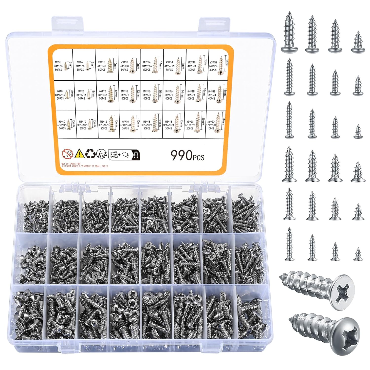 990pcs Self Tapping Screws Assortment Set, M3/M4/M5/M6 Stainless Steel Sheet Metal Screws, Phillips Drive Wood Screws Set for Deck Drywall Concrete Screws(500pcs Flat Head, 490pcs Round Head)