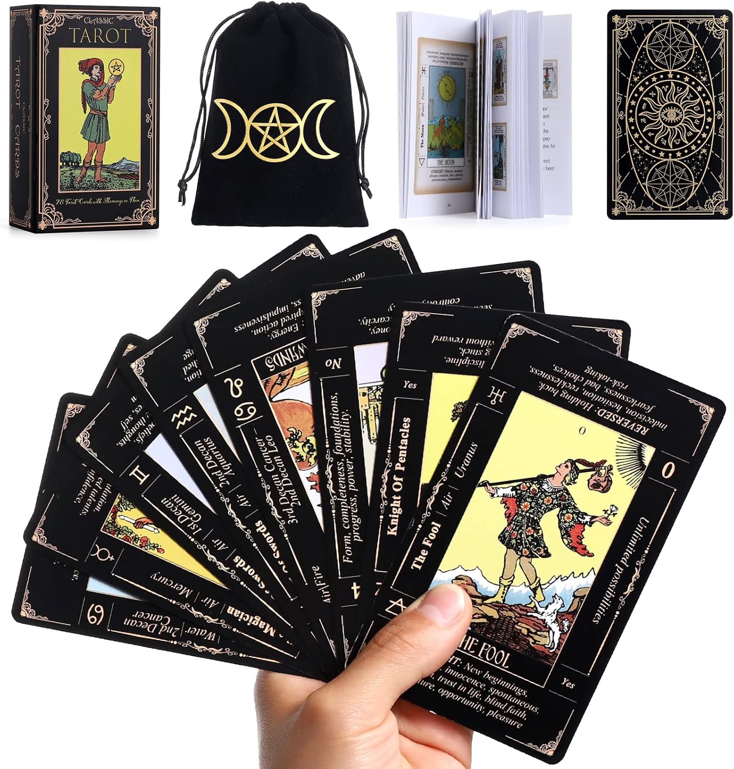 Tarot Cards Deck with Guide Book & Linen Carry Bag - 78 Classic Original Tarot Cards for Fortune Telling - Ideal for Beginners to Experts, with Meanings Included