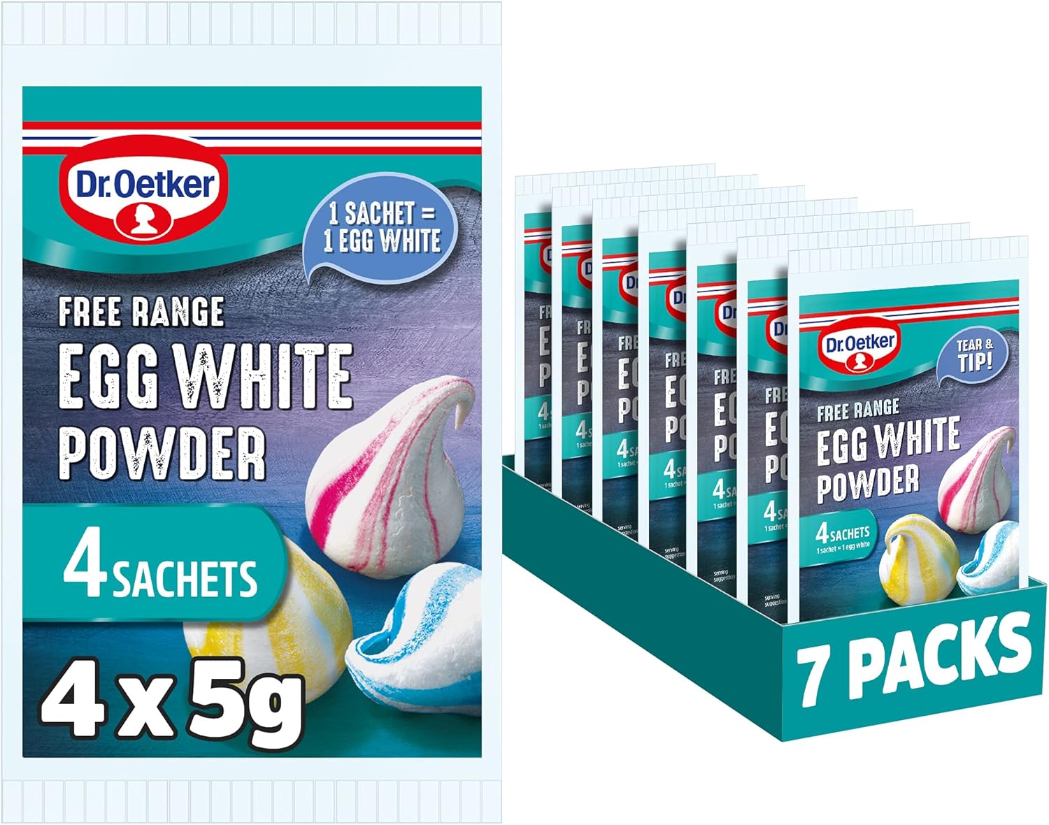 Dr. Oetker Free Range Egg White Powder Sachets,140g, Pack of 7x(4x5g) - baking ingredients for store cupboard suitable for vegetarians, kids bakes, meringues, cakes, one sachet equals one egg