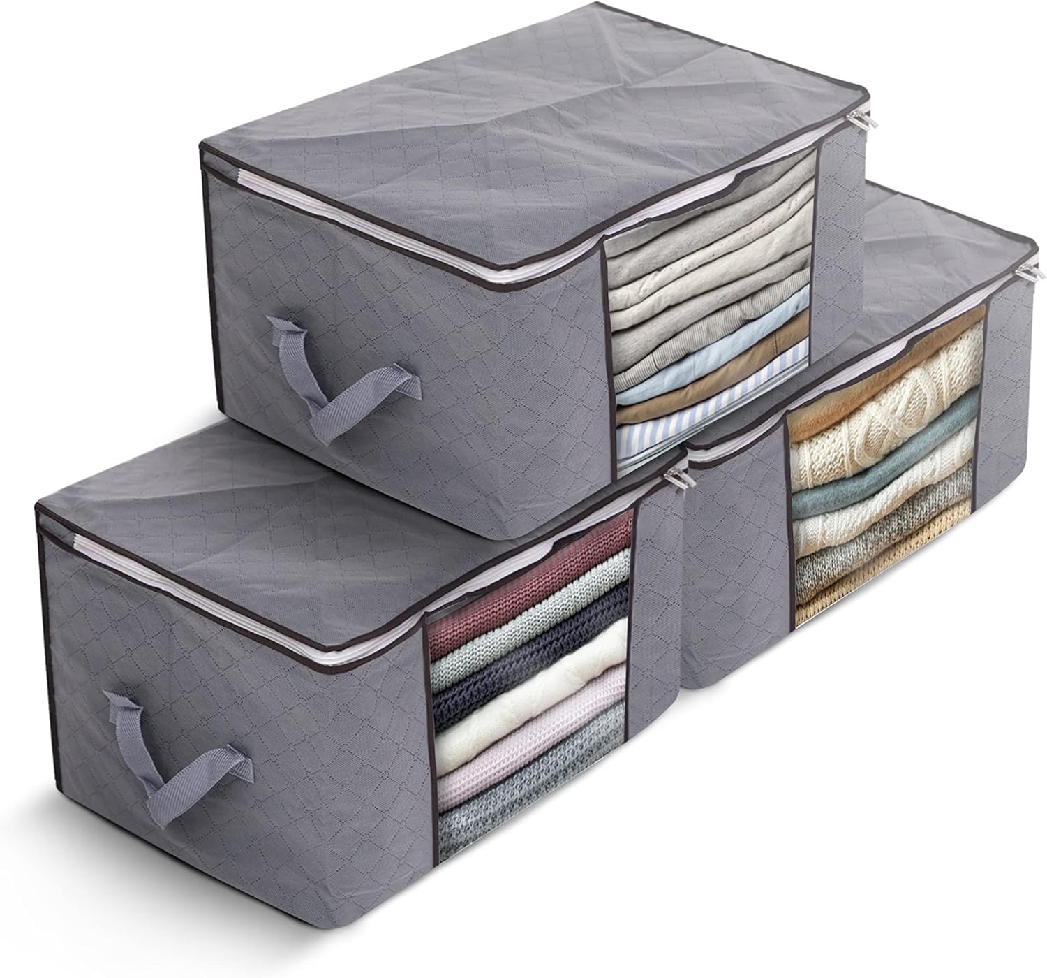Delka 90L Storage Bags with Lids, Large Storage Boxes with lids, Storage Unit for Clothes, Duvets, Blankets, Toys, Pack of 3 Foldable Organizers with Reinforced Handles and Clear Window - Grey