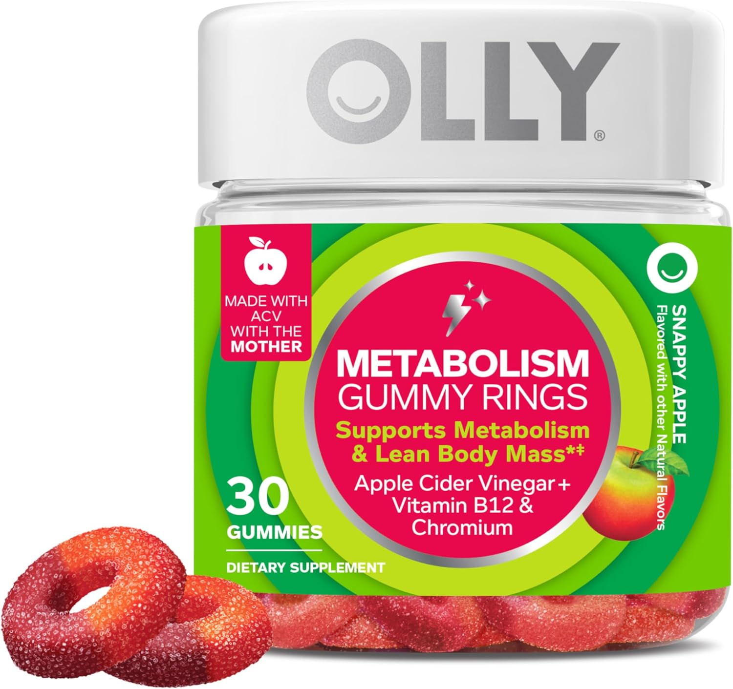 OLLY Metabolism Gummy Rings, Apple Cider Vinegar, Vitamin B12, Chromium, Energy and Digestive Health, Chewable Supplement, Apple Flavor - 30 Count