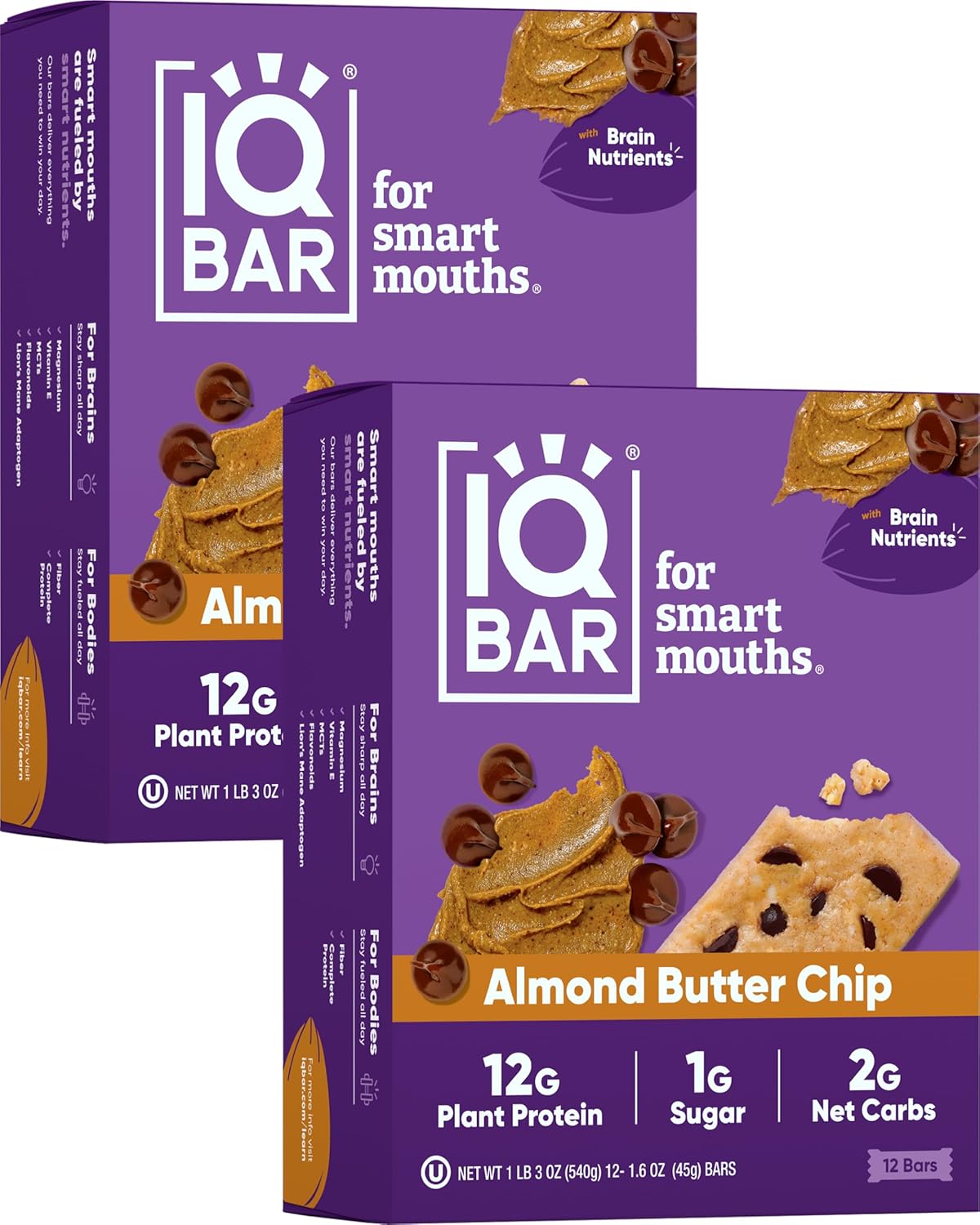IQBAR Brain and Body Keto Protein Bars - Almond Butter Chip Keto Bars - 24-Count Energy Bars - Low Carb Protein Bars - High Fiber Vegan Bars and Low Sugar Meal Replacement Bars - Vegan Snacks
