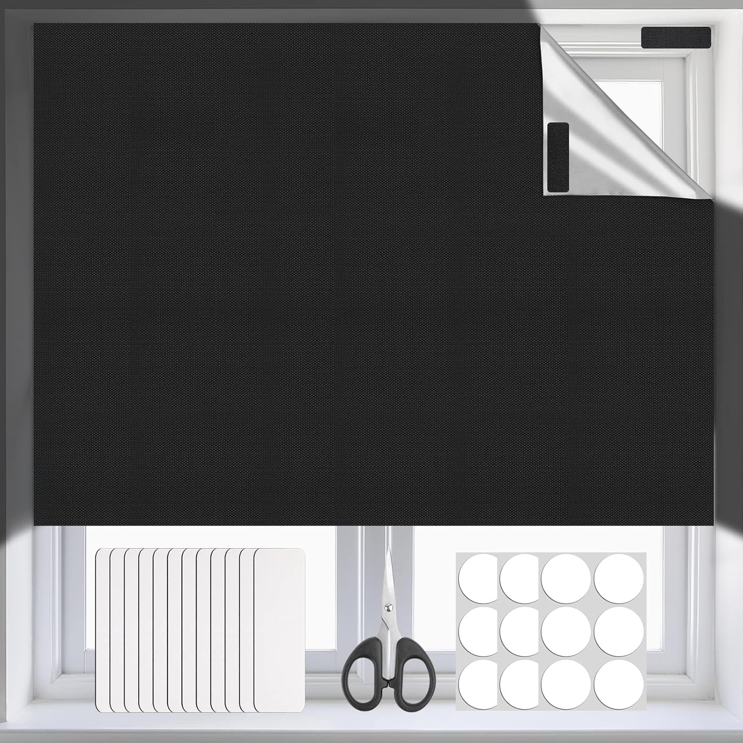 Portable Blackout Blinds 300x145cm, Temporary 100% Blackout Material, Easy to Stick On No Drill Blinds Blackout Curtains for Bedroom, Nursery, Loft, with Self Adhesive Fasteners and Scissors