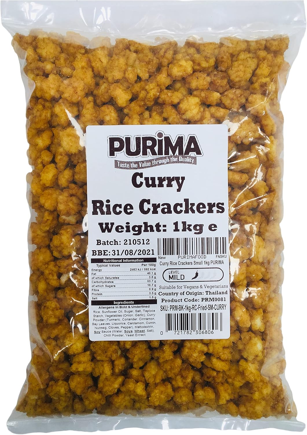 Curry Rice Crackers 1kg – Crunchy Crispy Sweet & Mild Curry Flavour - Ready to Eat – Fried Thai Rice Cracker Snack – Large Bulk Bag Snacks – Mini Bite Sized Senbei Bites - Vegan - PURIMA