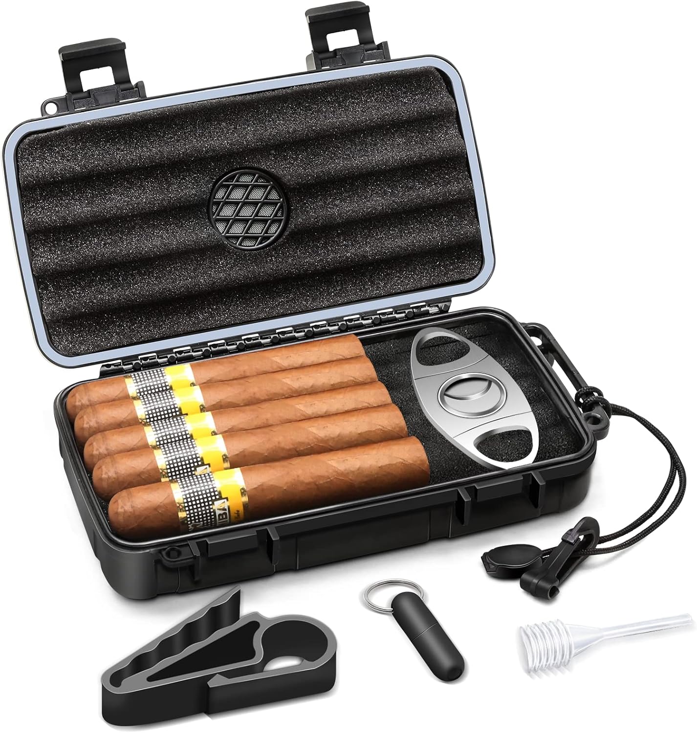 Flauno Travel Cigar Humidor Case - Portable Cigar Box kit with Humidifier Disc, Cigar Cutter, Cigar Punch, Cigar Holder & Dropper, Waterproof, Crushproof, Airtight (Holds up to 5 Cigars)