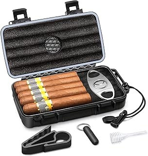 Flauno Travel Cigar Humidor Case - Portable Cigar Box kit with Humidifier Disc, Cigar Cutter, Cigar Punch, Cigar Holder & Dropper, Waterproof, Crushproof, Airtight (Holds up to 5 Cigars)