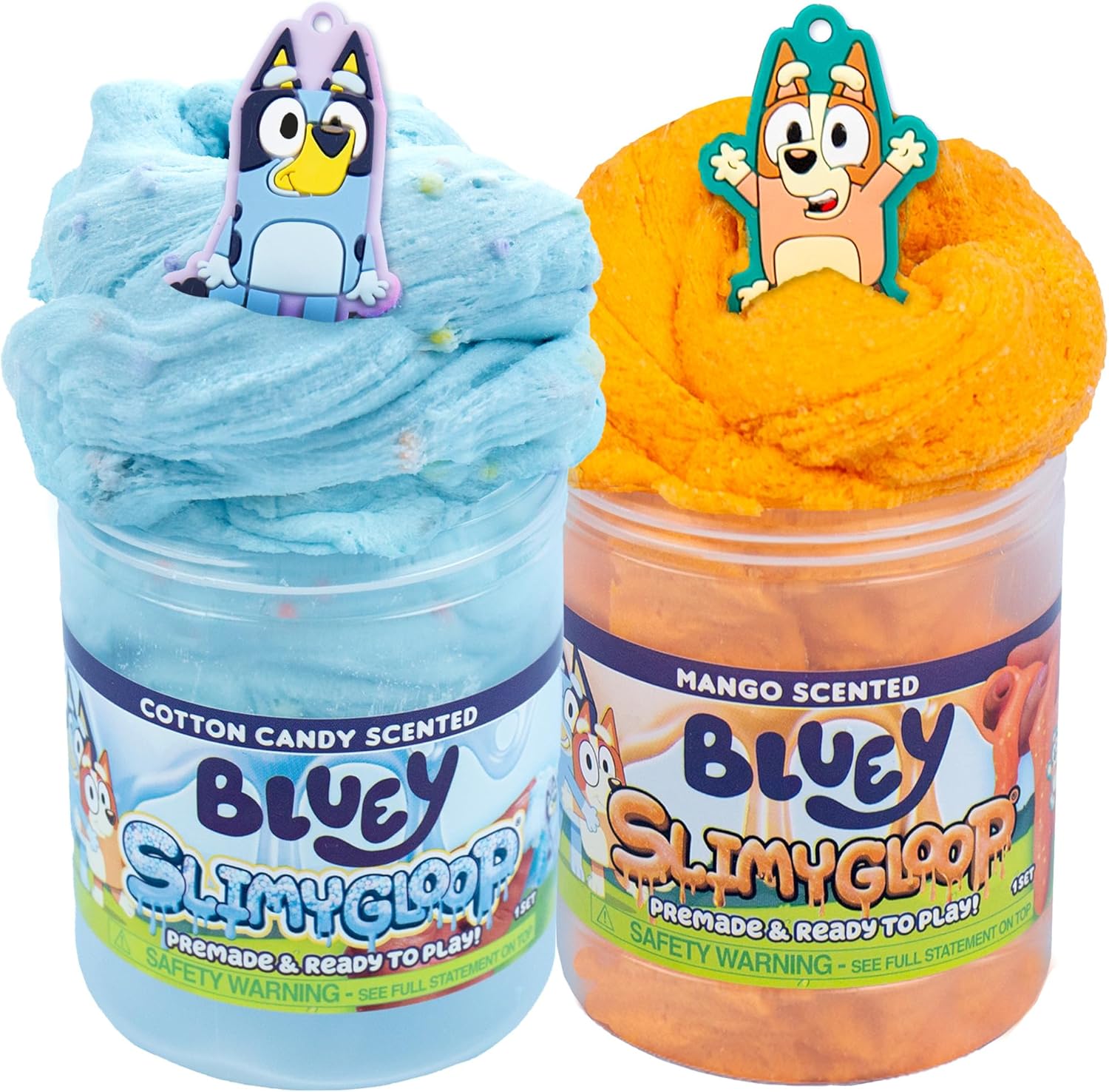 Bluey SLIMYLGOOP, 2 Pack, Pre-Made Slimes, Ready to Play Scented Bluey Cloud Slimes, Includes Rubber Bluey Charm & Bingo Charm
