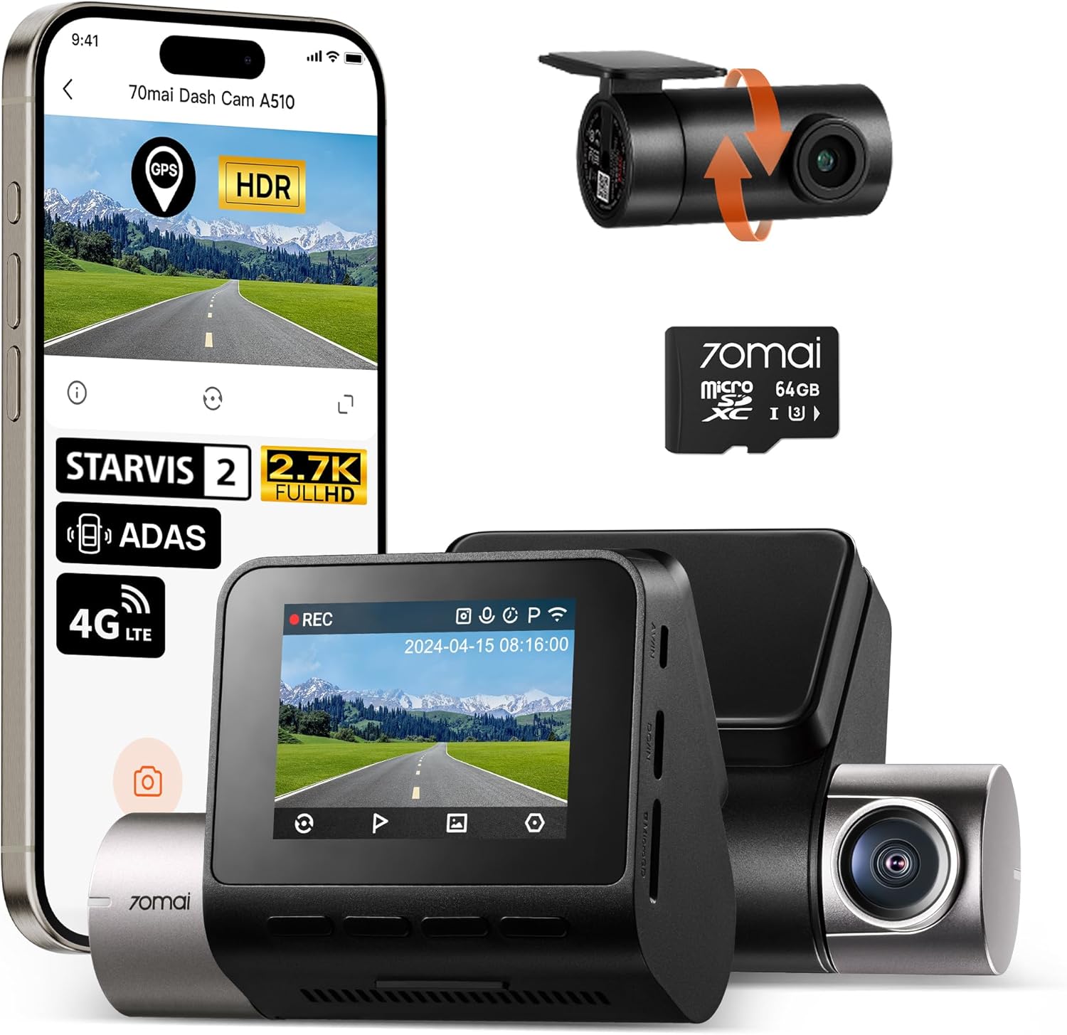 70mai Dash Cam Front and Rear A510,1944P+1080P with STARVIS 2 IMX675 and 64GB Card, Dash Camera for Cars, 4G LTE Support, ADAS, Built-in GPS WiFi, APP Control, HDR, 24H Parking Mode, Loop Recording