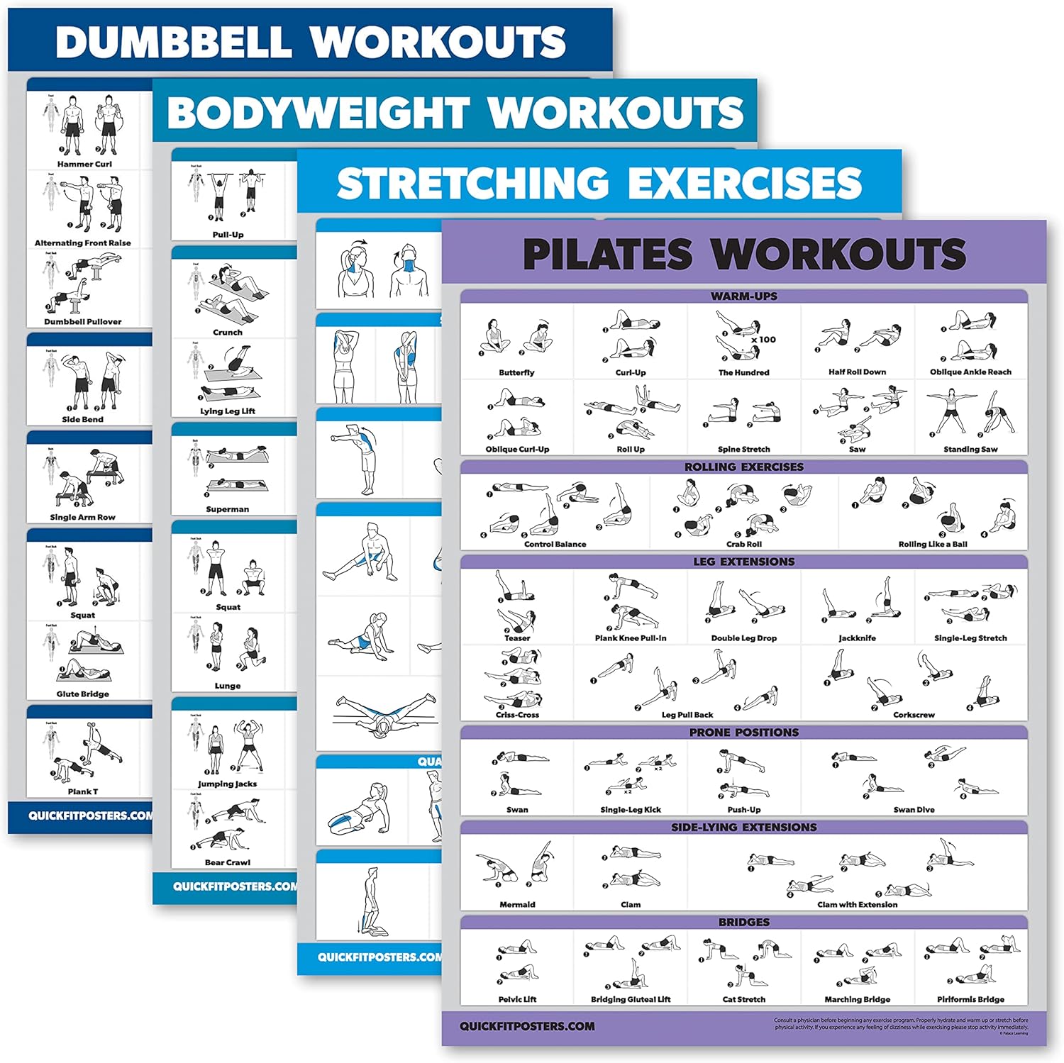 Palace Learning 4 Pack - Dumbbell Workouts + Bodyweight Workouts + Stretching Exercises + Pilates - Set of 4 Workout Charts (18” x 24”, LAMINATED)