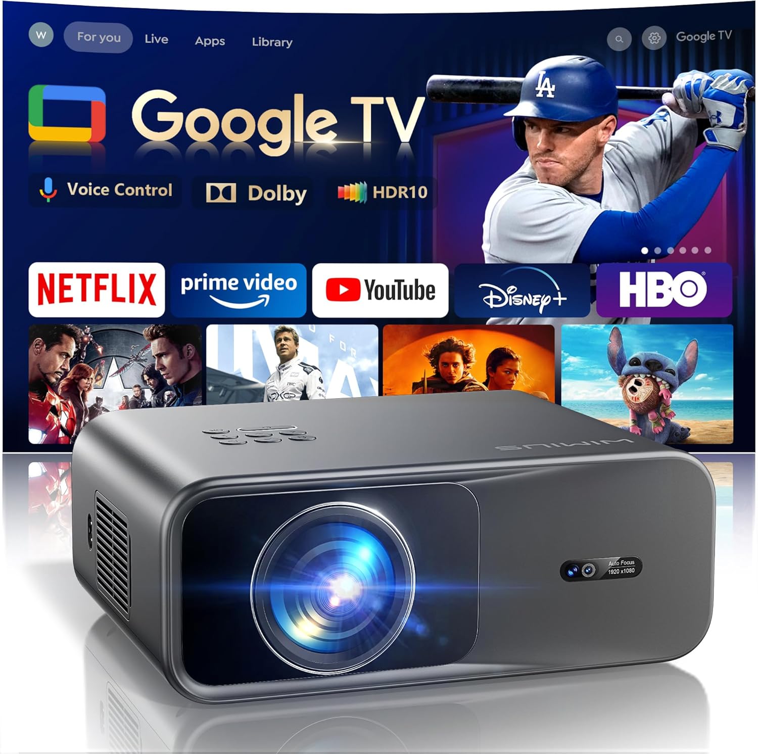 Projector【Official Google TV& Dolby Audio& Voice Control】WiMiUS 1000ANSI Smart 4K Projector Home Cinema Support HDR10, Auto Focus/Keystone/Fit/Avoid WiFi Bluetooth 1080P Portable Projectors Outdoor