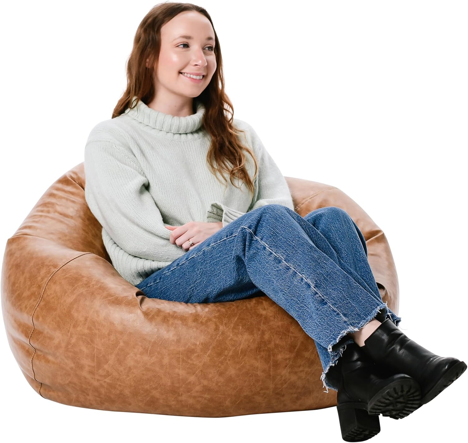 Factory Direct Partners 35" Rustic Western Bean Bag Chair; Distressed Faux Leather, Low to Ground for Reading, Playing Video Games and Relaxing; Flex Seating for Home and School - Pecan, 10478-321