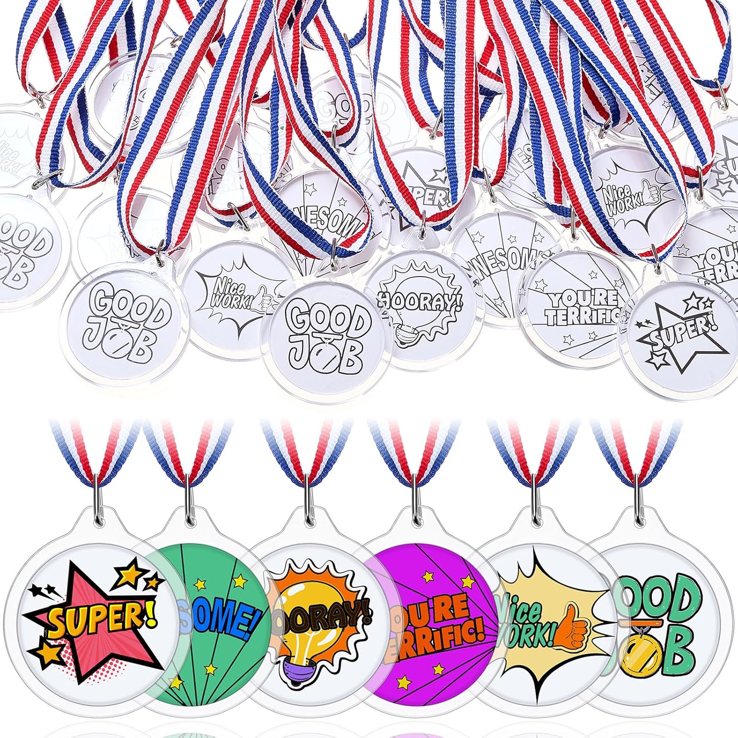 DIY Blank Medals for Kids, Design Your Own Award Medals with Colorable Sheets and Blank Sheets, Custom Acrylic Awards Kit with Ribbon for Back to School Field Day Games Prize Gifts