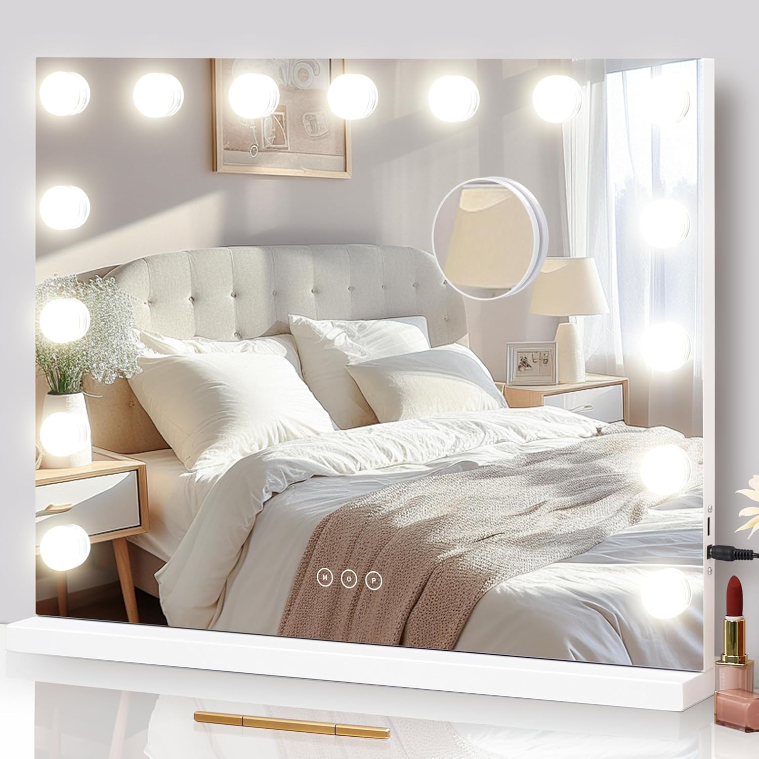 NUSVAN Vanity Mirror with Lights Lighted Makeup Mirror with 15 Dimmable LED Bulbs,3 Color Lighting Modes,USB Charging Port Touch Control,Sturdy Metal Frame Design 22.8x18 Inch,White