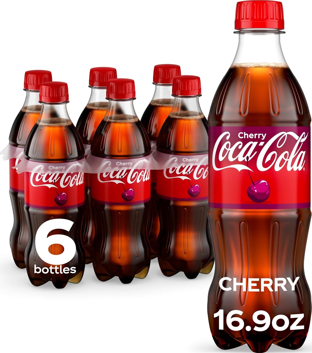 Coca-Cola Cherry Soda Soft Drink Bottles, 16.9 fl oz, 6 Pack | Carbonated drink with cherry cola flavor