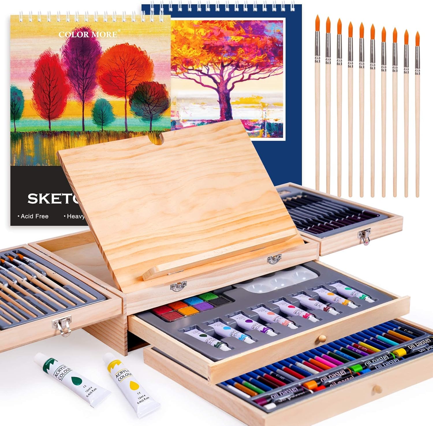 85 Piece Deluxe Wooden Art Supplies, Art Kit with Easel and Acrylic Pad, Art Set for Teens, Adults and Artist Beginners, Creative Gift Box with Wooden Case, Sketching Pencils, Artist Brushes